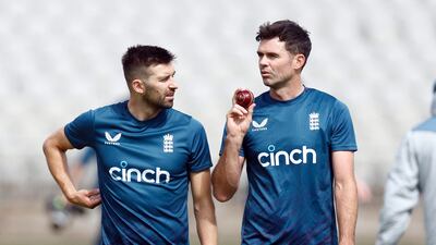 England's James Anderson, right, with Mark Wood during training at Old Trafford, Manchester, for the fourth Ashes Test. Reuters
