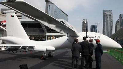 The Yabhon United 40 aircraft is exhibited at the Idex festival in the capital last month. The UAE-made unmanned drone can cruise at speeds of up to 220kph and will cost up to $30 million. Delores Johnson / The National
