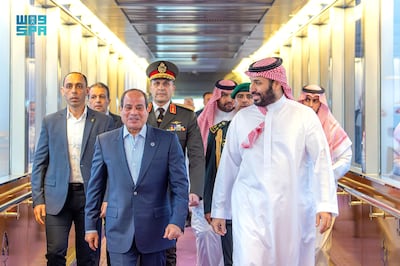 Prince Mohammed met President El Sisi at King Abdulaziz International Airport in Jeddah. AFP