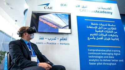 The CAE stand at Idex 2021. The company provides pilot training and analyses data to improve pilot performance. Victor Besa / The National.