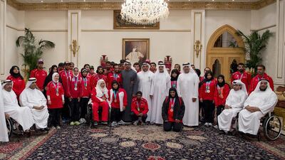 Sheikh Mohammed bin Zayed, Crown Prince of Abu Dhabi and Deputy Supreme Commander of the Armed Forces, and UAE Disabled Sports Federation members. Rashed Al Mansoori / Crown Prince Court – Abu Dhabi