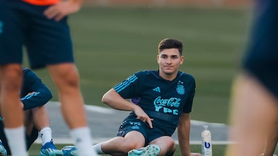 Julian Alvarez on the sidelines during a training session. Reuters