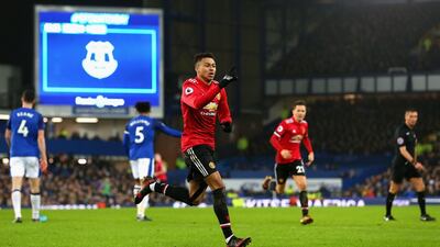 Manchester United's Jesse Lingard celebrates after scoring against Everton at Goodison Park on January 1. Jan Kruger / Getty Images