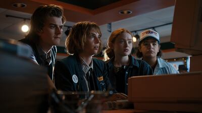 From left, Joe Keery as Steve Harrington, Maya Hawke as Robin Buckley, Sadie Sink as Max Mayfield, and Gaten Matarazzo as Dustin Henderson.