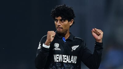 New Zealand's Rachin Ravindra celebrates the wicket of South Africa' opener Aiden Markram for 18. Reuters