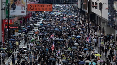 Thousands of protesters march during a rally in Hong Kong, Sunday, October 20, 2019. AP