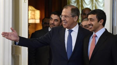 Sheikh Abdullah bin Zayed, Minister of Foreign Affairs, right, with his Russian counterpart, Sergei Lavrov, in Moscow on May 28, 2015. Yuri Kadobnov / AFP Photo