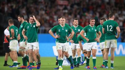 Ireland players look dejected after the 2019 Rugby World Cup match at the Shizoka Stadium Ecopa, Shizouka Prefecture, Japan. PA Photo