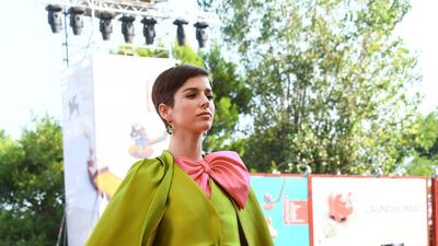 Chilean actress Mariana Di Girolamo in Alberta Ferretti at the screening of 'Ema' on August 31, 2019 at the 76th Venice Film Festival. AFP