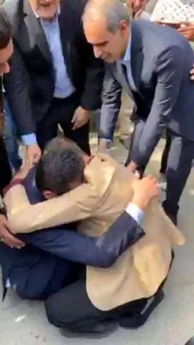 Haider Jawad Al Mousawi and his younger brother Ahmed are overcome by emotion at their reunion in Baghdad on October 3, 2020. Courtesy Sayed Haidar