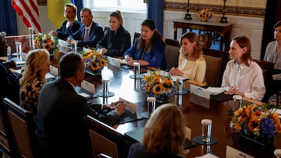 US first lady Jill Biden meets with Ukrainian first lady Olena Zelenska at the White House in Washington. Reuters