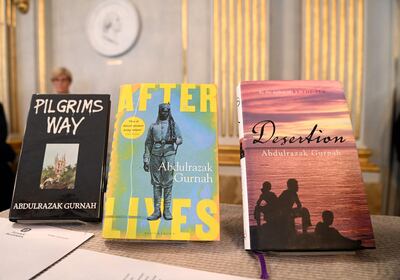 Some of Abdulrazak Gurnah's books were displayed at the Swedish Academy in Stockholm after the Nobel Prize announcement. AFP