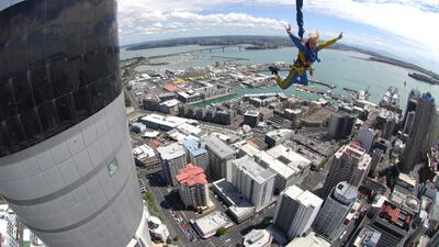 Sky Tower in downtown Auckland, is a prime spot for extreme thrills. Courtesy SkyJump Getty Images