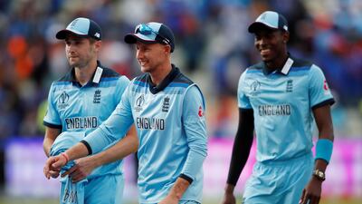 England's Joe Root celebrates with team mates Chris Woakes and Jofra Archer. Action Images via Reuters