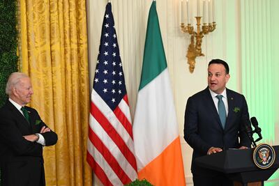 Irish Prime Minister Leo Varadkar speaks as US President Joe Biden looks on during a Shamrock presentation and reception in in Washington last month. AFP