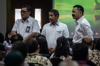 Lion Air owner, Rusdi Kirana, right, stands up during the conference. Getty Images