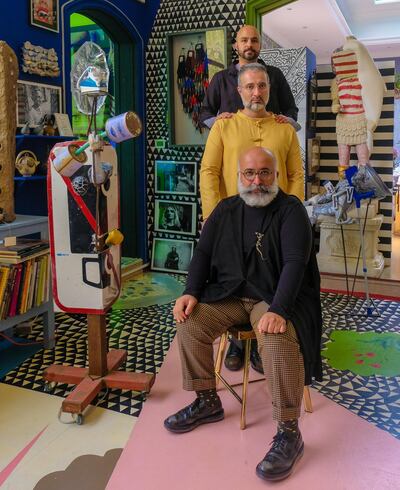 Ramin Haerizadeh, Rokni Haerizadeh and Hesam Rahmanian at Galerie Isabelle Van Den Eynde in 2019 in Dubai’s Alserkal Avenue, which they turned into their studio for seven months. Courtesy of Galerie Isabelle Van Den Eynde
