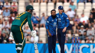 England's Adil Rashid celebrates after taking the wicket of South Africa batter Corbin Bosch to win the match by 342 runs. Reuters