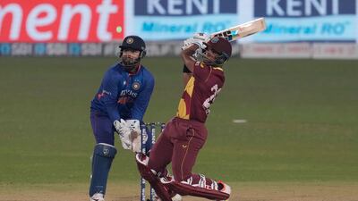 Nicholas Pooran plays a shot during the second T20 against India in Kolkata on Friday, February 18, 2022. AP