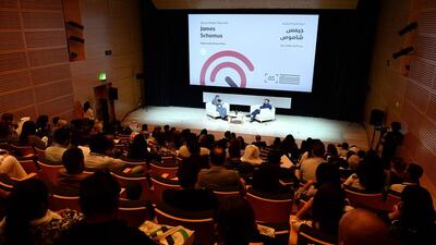 Richard Peña, left, moderates the first Qumra Master Class with mullti award-winning screenwriter James Schamus at Qumra, the second edition of the industry event by the Doha Film Institute dedicated to the development of emerging filmmakers. Photo by Jeff Spicer / Getty Images for Doha Film Institute