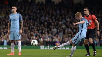 Manchester City midfielder Kevin De Bruyne curls home a free-kick to give his side a 2-1 lead. Oli Scarff / AFP