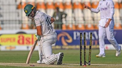 Pakistan's Shaheen Shah Afridi is clean bowled by England's Jack Leach. AFP