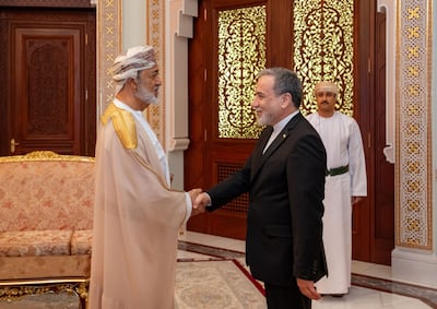 Sultan Haitham of Oman greets Abbas Araghchi in Muscat. EPA