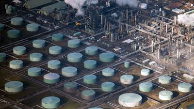Storage tanks at the BP Cherry Point Refinery near Blaine, Washington State. The EIA reported the first US stock build since November and gasoline inventories at an 11-month high, against industry expectations. Bloomberg