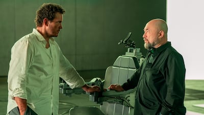 Actor Chris Pratt and director Timur Bekmambetov on set of Mercy. Photo: Amazon MGM Studios