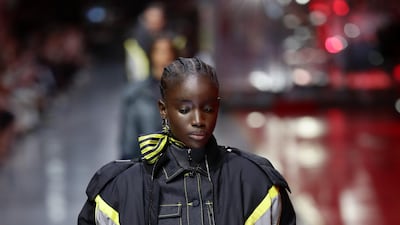 Maty Fall Diba walks the runway at the fashion debut of the first co-ed Ferrari collection at Ferrari Factory on June 13, 2021 in Maranello, Italy. Getty Images