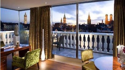 Panoramic views of the city from the plush Mandarin Suite at the Mandarin Oriental hotel in Munich.