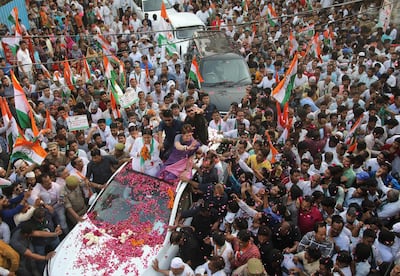 Congress party general secretary Priyanka Gandhi and candidate Dolly Sharma on the campaign trail in Ghaziabad, Uttar Pradesh. EPA