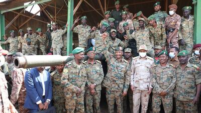 Gen Abdul Farrah Al Burhan visits the Al Shagara military complex on the outskirts of Khartoum, where Tuesday’s coup plotters are known to have served. Photo: Sudanese Armed Forces Media Office