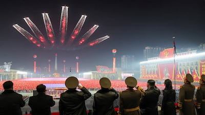 North Korean leaders watch a flypast during a military parade to commemorate the Ninth Congress of the ruling Workers' Party of Korea in Pyongyang. Reuters