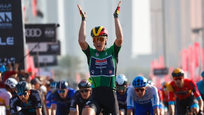 Tim Merlier of Soudal-Quick Step won the penultimate stage of the UAE Tour on Saturday, February 25, 2023. Photo: Sprint Cycling Agency