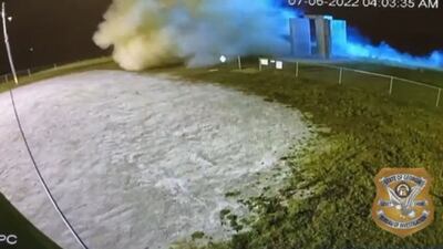 The Bureau released surveillance video showing a blast in the early hours of July bring down one of the slabs that make up the monument. AFP