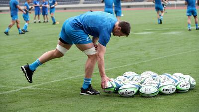Scott Barrett grabs a ball during a training session at Kashiwanoha Park Stadium in Japan. AFP