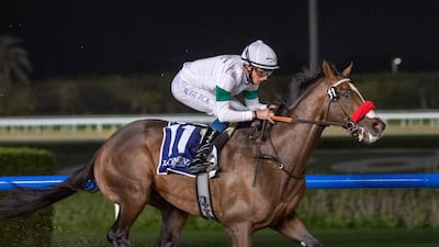 William Buick guides Hot Rod Charlie to victory in the Group 2 Al Maktoum Challenge Round-2 at Meydan. Photo: DHRIC