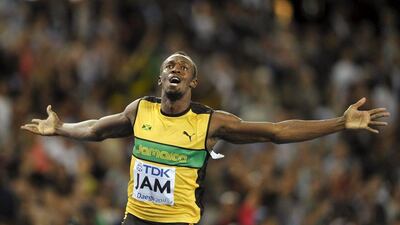 Usain Bolt of Jamaica celebrates winning the men's 4x100 metres relay final at the IAAF World Championships in South Korea in 2011. Dylan Martinez / Reuters / September 4, 2011