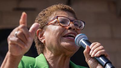 LA mayoral candidate Karen Bass addresses the Women's March Action Rally for Reproductive Rights at Mariachi Plaza on Sunday. AFP