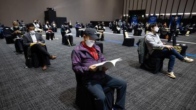 Socially distanced seating at the Samsung Electronics Co. annual general meeting at the Suwon Convention Centre in Suwon, South Korea. Bloomberg
