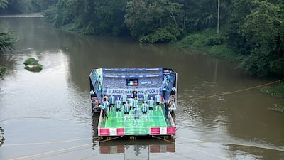 The tableau features life-size cutouts of the whole Argentina World Cup squad