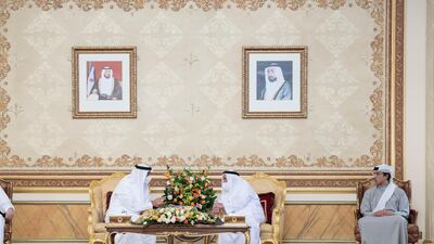 Sheikh Dr Sultan bin Muhammad Al Qasimi, UAE Supreme Council Member and Ruler of Sharjah, second right, exchanges Eid greetings with Sheikh Mohamed bin Zayed, Crown Prince of Abu Dhabi and Deputy Supreme Commander of the Armed Forces, second left. Also present are Sheikh Mansour bin Zayed, Deputy Prime Minister and Minister of Presidential Affairs, right, and Sheikh Sultan bin Mohammed Al Qasimi, Crown Prince and Deputy Ruler of Sharjah. Ministry of Presidential Affairs