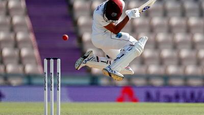 West Indies batsman Shane Dowrich evades a short ball on the fifth day of the first Test against England at the Ageas Bowl on Sunday, July 12. AFP