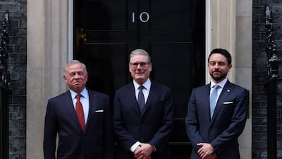 Keir Starmer welcomes King Abdullah and Crown Prince Hussein to 10 Downing Street. EPA