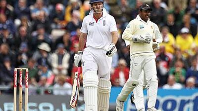Andrew Strauss, left, was dismissed for just three runs at the Rose Bowl yesterday.