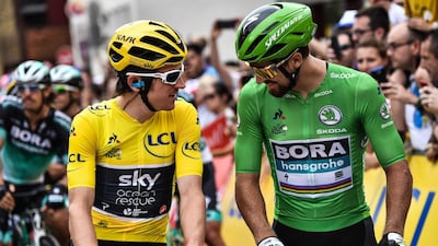 Thomas and Slovakia's Peter Sagan prepare to start the last stage. AFP