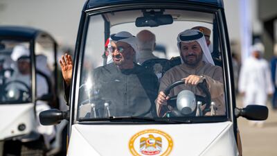 Sheikh Mohamed and Faisal Al Bannai, adviser to the UAE President for Strategic Research and Advanced Technology Affairs, at the airshow. UAE Presidential Court