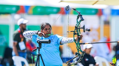 Sarvjeet Kaur at the Open Masters Games Abu Dhabi 2026, competing in the archery. Victor Besa / The National