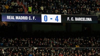 A scoreboard inside the Santiago Bernabeu shows the final result of the game between Real Madrid and Barcelona. Reuters